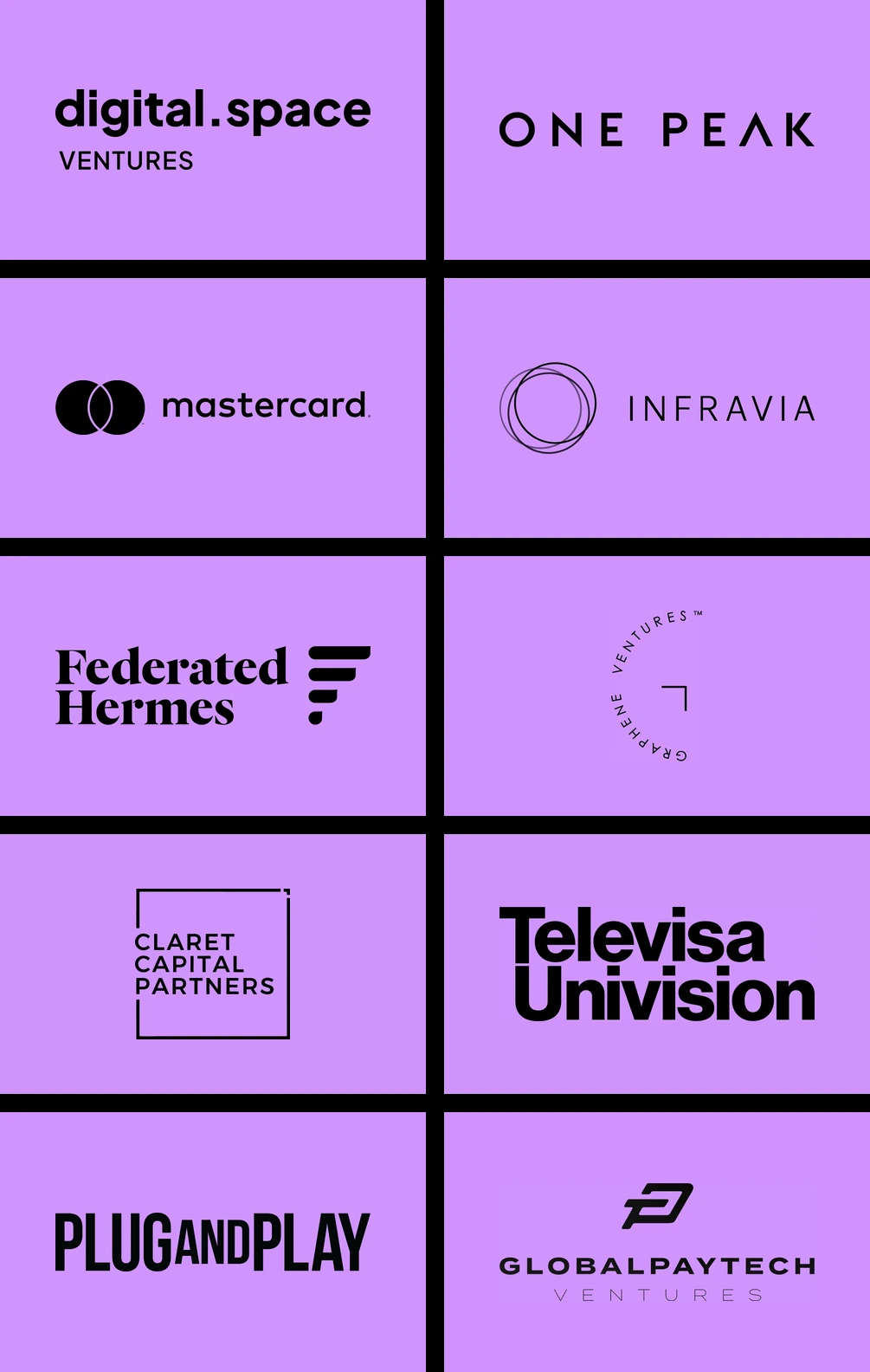 Investor logos: digital.space Ventures, One Peak, Mastercard, Infravia, Federated Hermes, Graphene Ventures, Claret Capital Partners, TelevisaUnivision, Plug and Play, and GlobalPayTech Ventures.