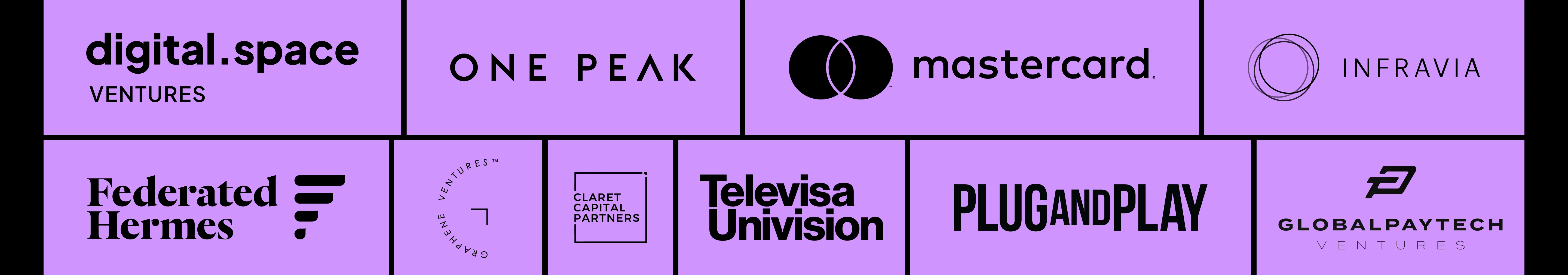 Investor logos: digital.space Ventures, One Peak, Mastercard, Infravia, Federated Hermes, Graphene Ventures, Claret Capital Partners, TelevisaUnivision, Plug and Play, and GlobalPayTech Ventures.