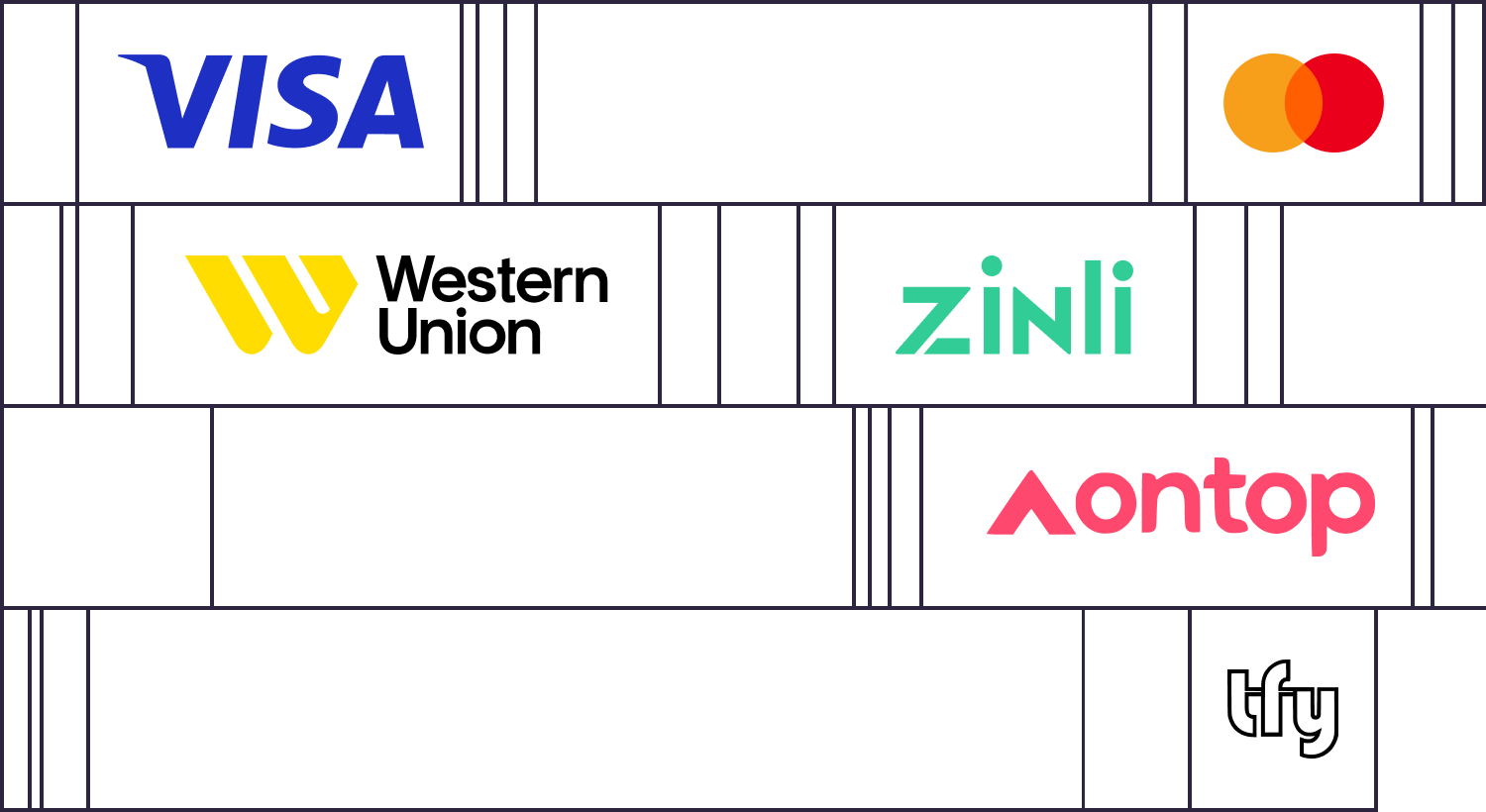 Visa, Mastercard, Western Union, Zinli, Aontop and tfy
